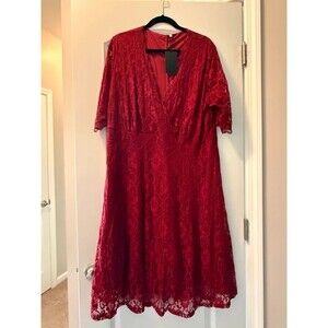 Pinup Fashion Womens Plus Size 20 Burgundy Floral Lace V Neck A Line Dress NWT